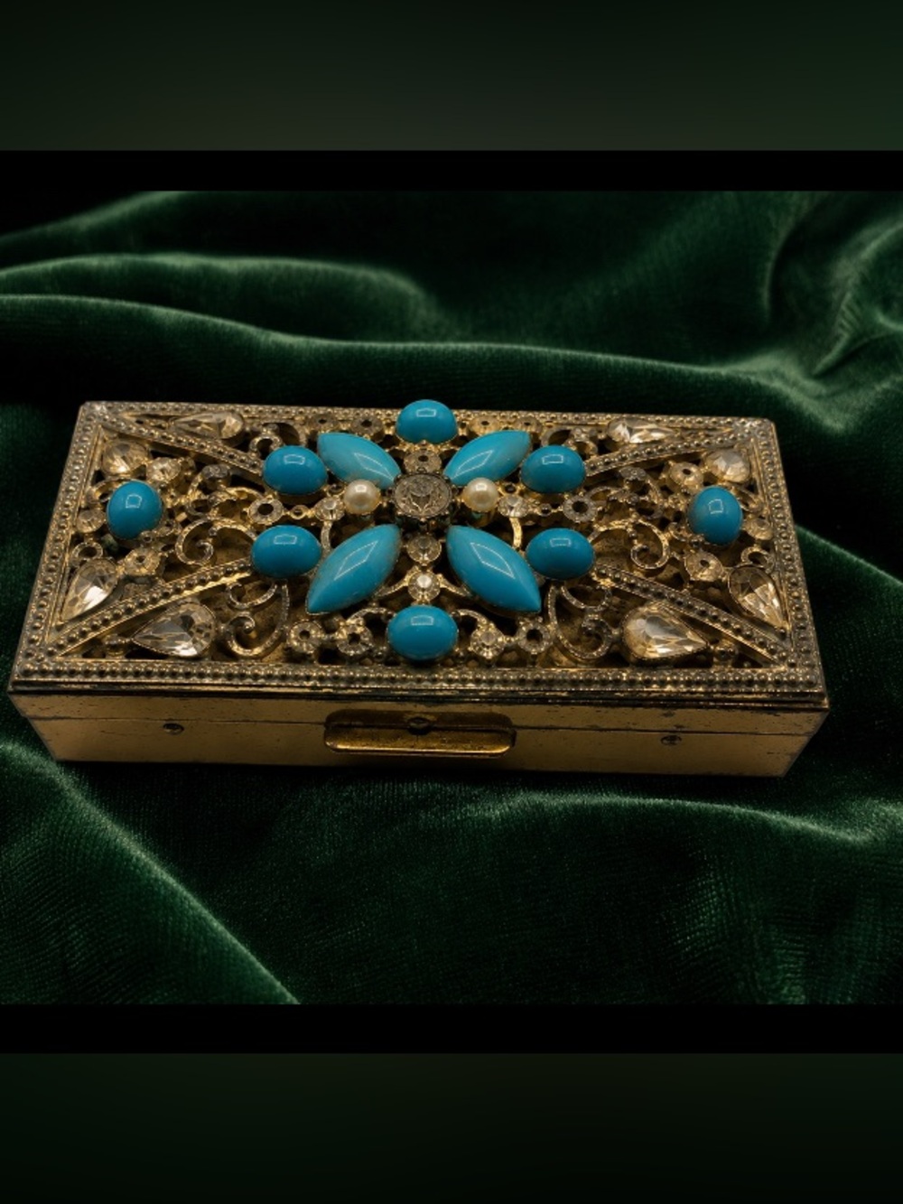 Gorgeous Vintage Mid-Century Jeweled Brass Vanity Trinket Box